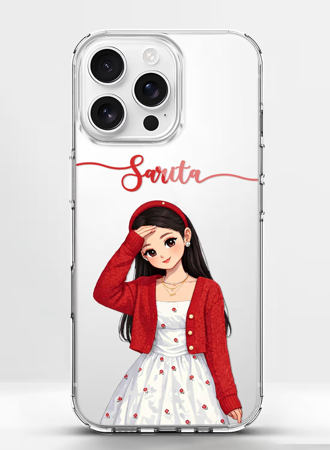 Aesthetic girl in red cardigan with custom name text on a high-quality shock-absorbent clear silicone phone case.