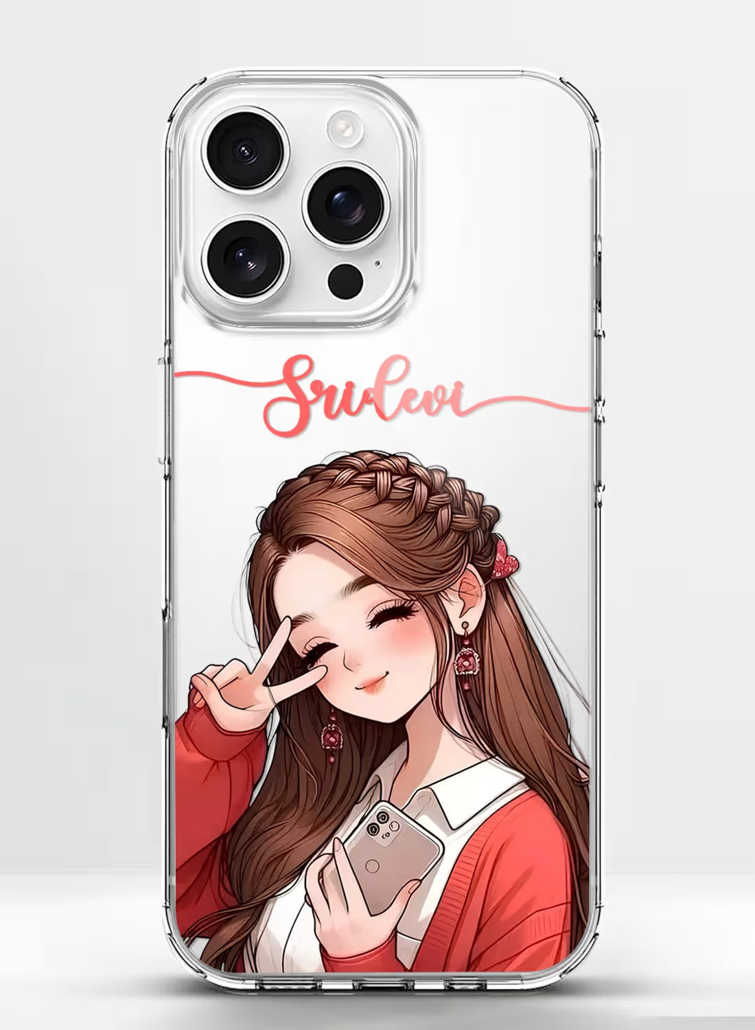 A clear phone case featuring a stylish girl with braided hair making a peace sign, customizable with your own name.