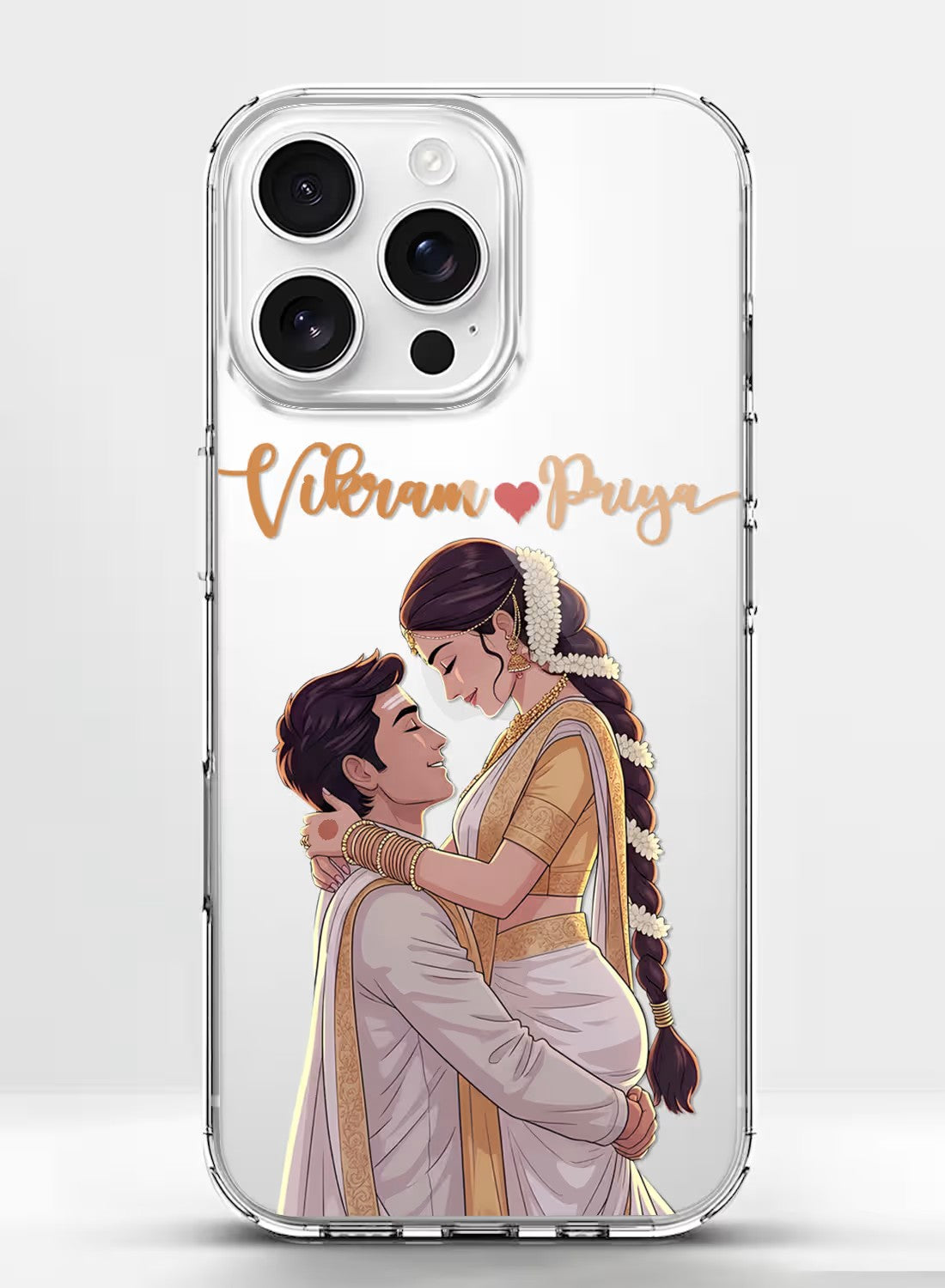 Personalized Indian ethnic couple wedding theme clear silicone phone case with custom name space and vivid artistic design.