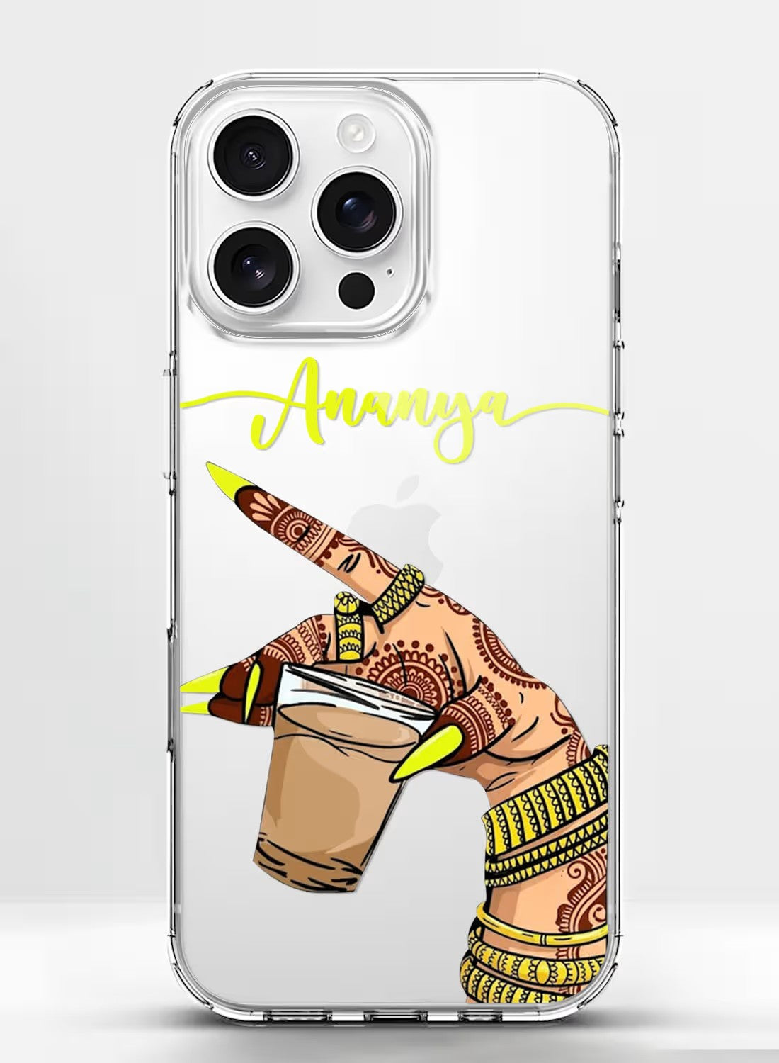 A clear phone case featuring a henna-adorned hand holding a cup of tea with custom name personalization for mobile protection.