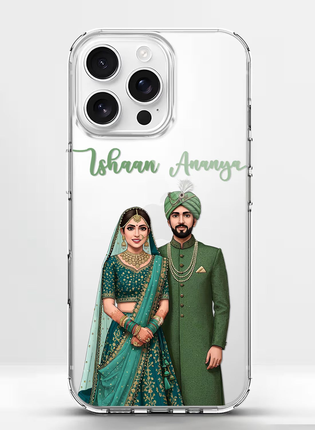 Personalized traditional Indian wedding couple portrait printed on a clear shock-absorbent silicone phone case.
