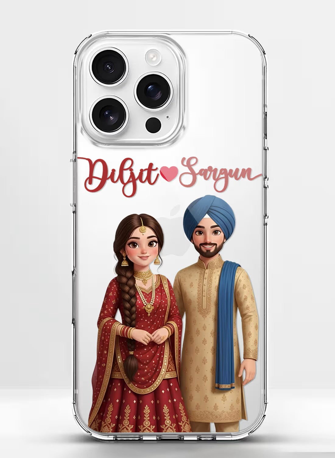 Personalized clear phone case featuring a traditional Indian bride and groom couple portrait with custom text space.