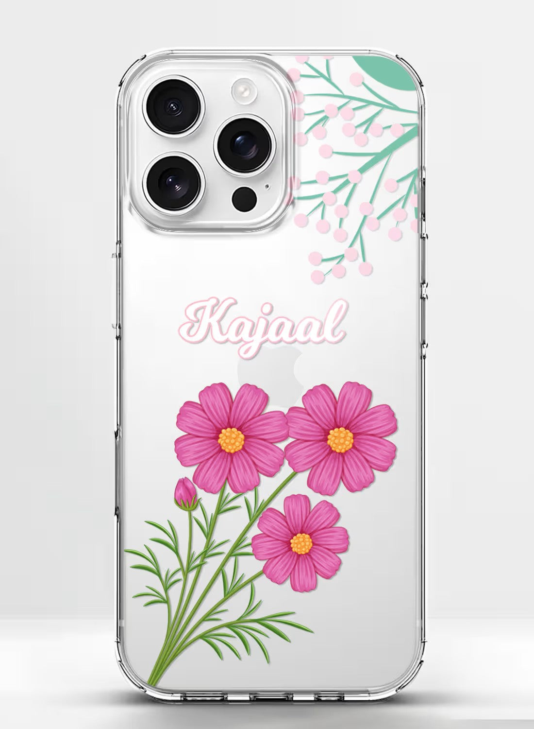 Personalized clear phone case with pink cosmos flower botanical design and custom name space for smartphone protection.