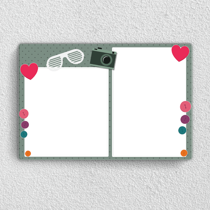Preview of Personalised family acrylic wall frame with two photos, hearts and playful camera design for home decor