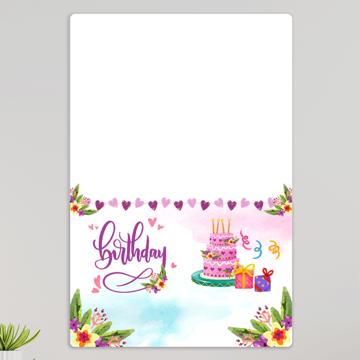 Preview of Personalised Birthday acrylic wall frame with kids portrait, name and colourful floral cake design