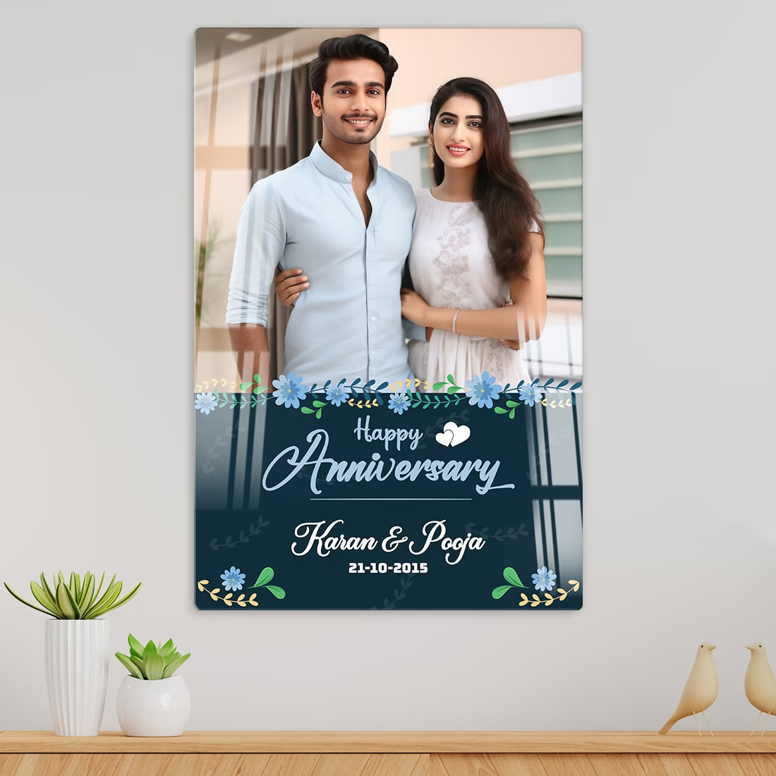 Acrylic wall frame 'Happy Anniversary' text and floral design on a white background