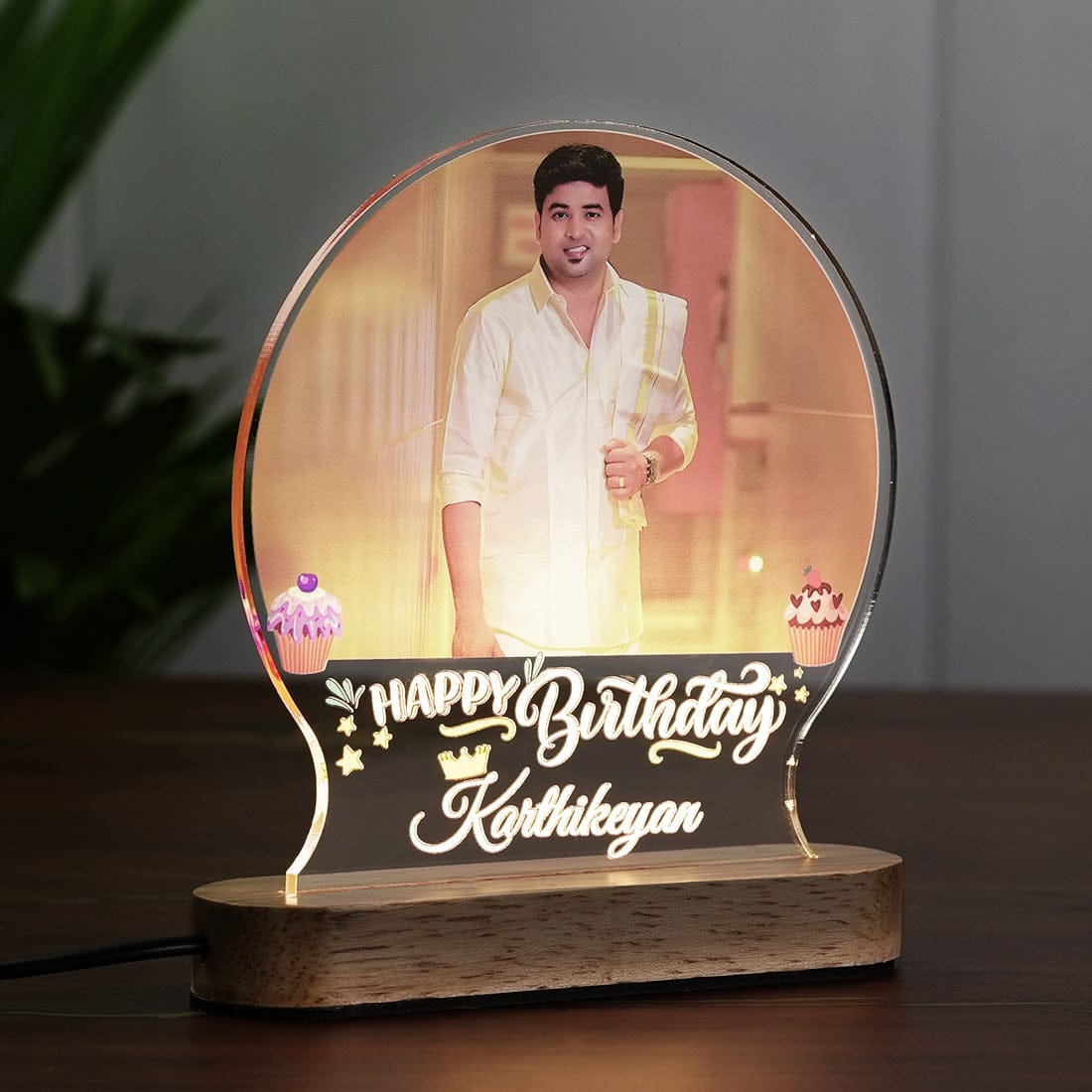 Side View of Fashionury Custom Name Acrylic Lamp with LED Wooden Base for Birthday Gifts