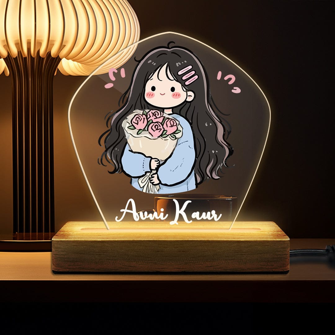 Fashionury Custom Name Acrylic Led Night Wooden Base Lamp with Warm Glow and Beautiful Girl on Panel