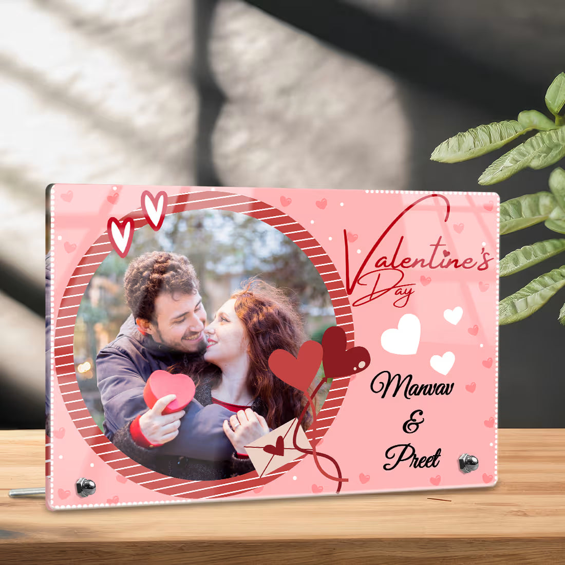 Personalized Valentine's Day landscape Custom photo fame with a couple on a pink theme