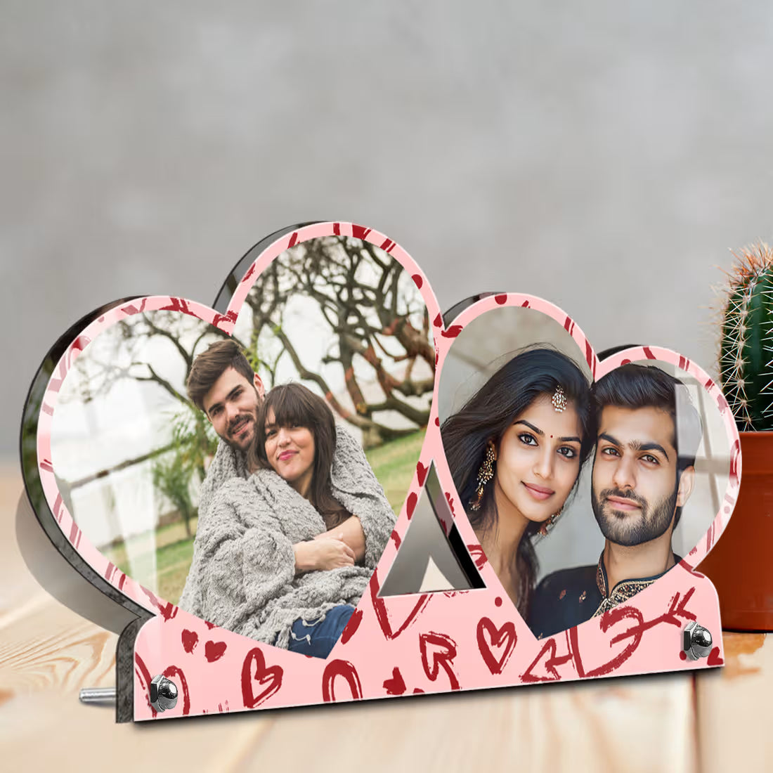 Custom double heart frame. Pink acrylic collage stand with red scribble heart art.