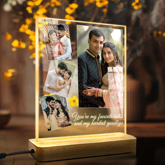 Custom acrylic LED lamp featuring couple photos and personalized quote 