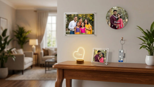 Custom Home Decor Set - Acrylic Wall Frame, Tabletop Photo Stand, LED Night Lamp, Wall Clock and Keychains