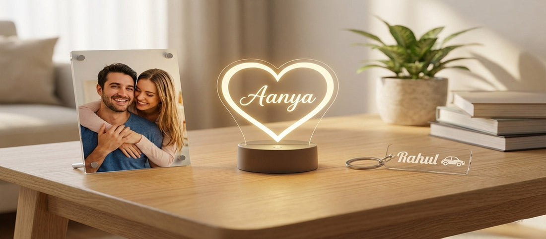 Fashionury Personalized Acrylic Photo Frame, Custom LED Name and photo Lamp and Keychains