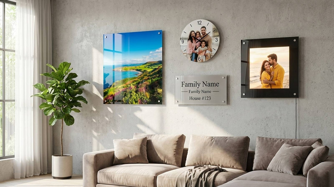 Custom Home wall decor Bundle with Various Personalized Wall Clock, Acrylic House Name Plate and Photo Frames