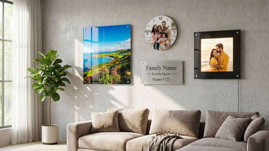 Custom Home wall decor Bundle with Various Personalized Wall Clock, Acrylic House Name Plate and Photo Frames