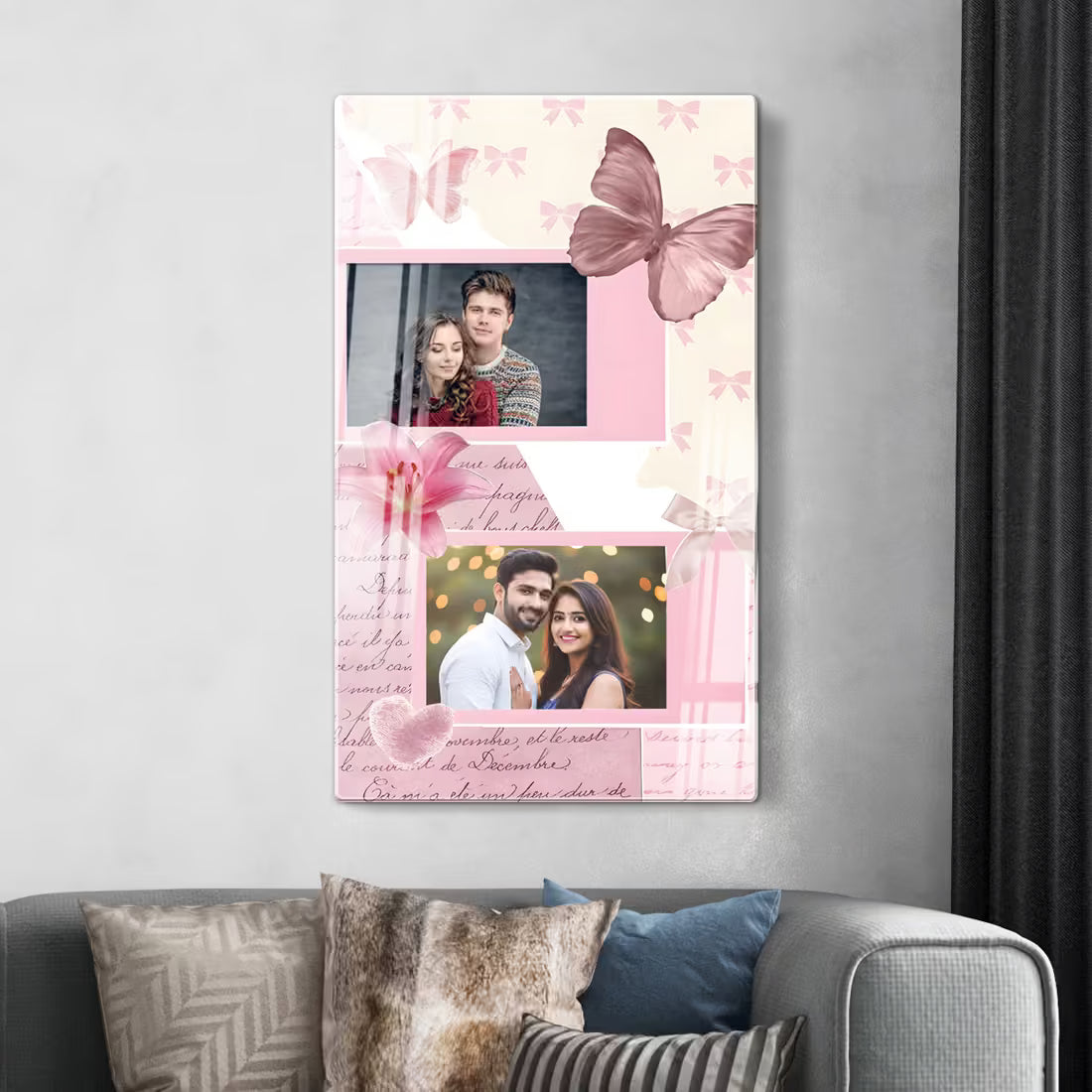 Romantic butterfly wall art. Personalized acrylic collage with pink lilies & bows.