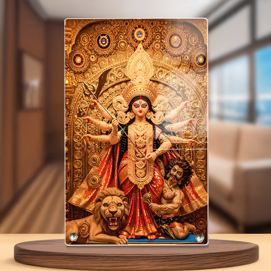 Maa Durga Mahishasura Mardini acrylic tabletop frame with golden pandal design on metal stand – Fashionury