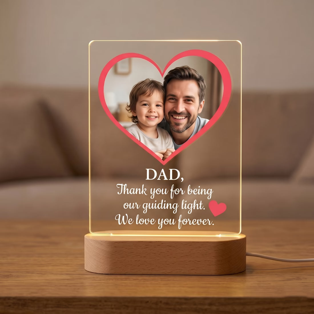 Personalised Dad heart photo acrylic LED lamp with father child portrait and quote