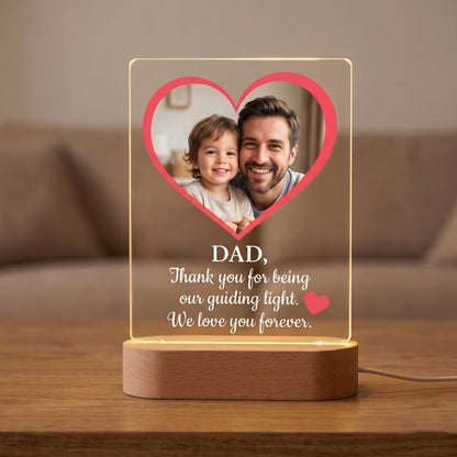 Personalised Dad heart photo acrylic LED lamp with father child portrait and quote