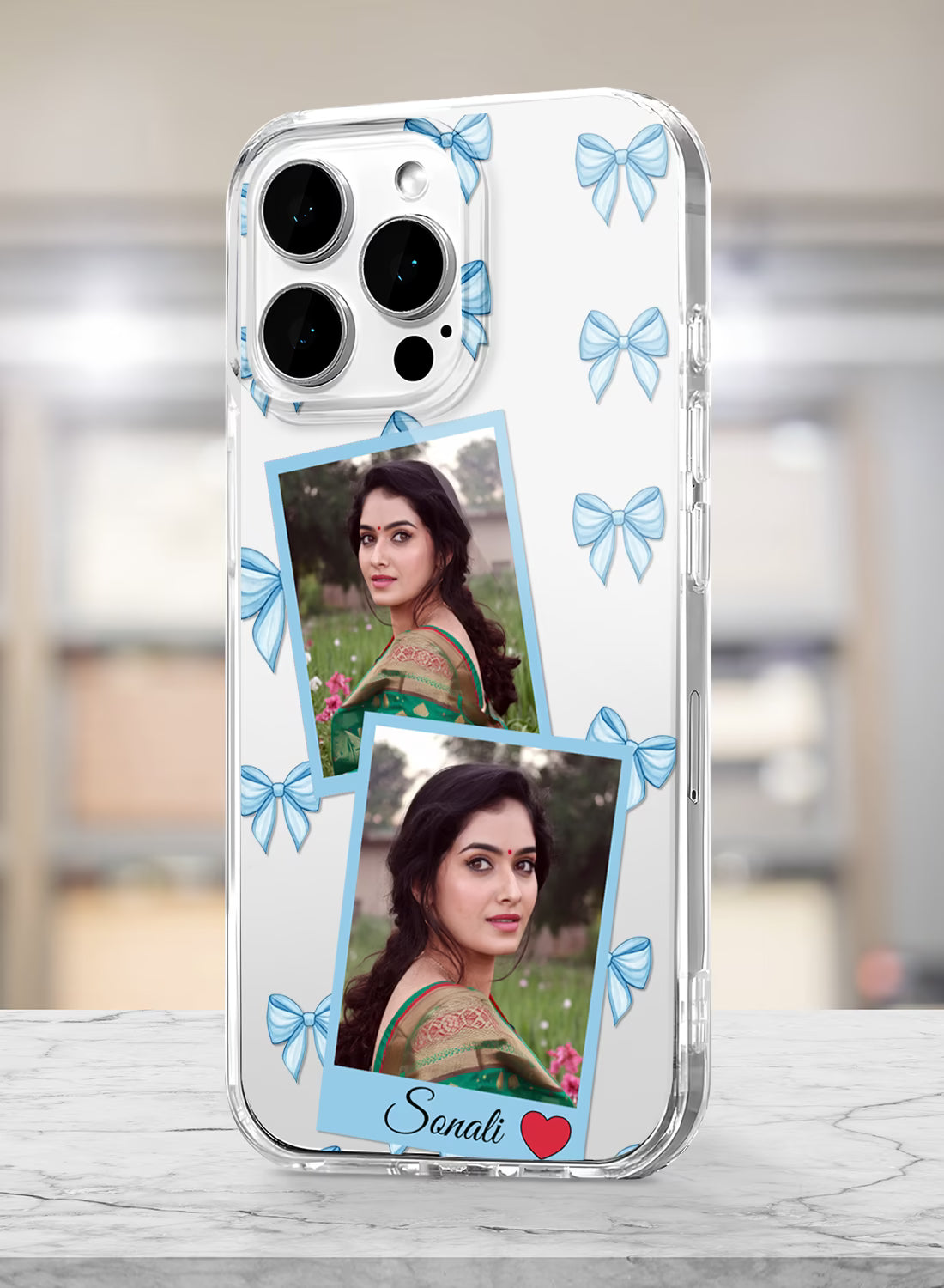 Blue Bow Dual Photo & Name Custom TPU Mobile Cover