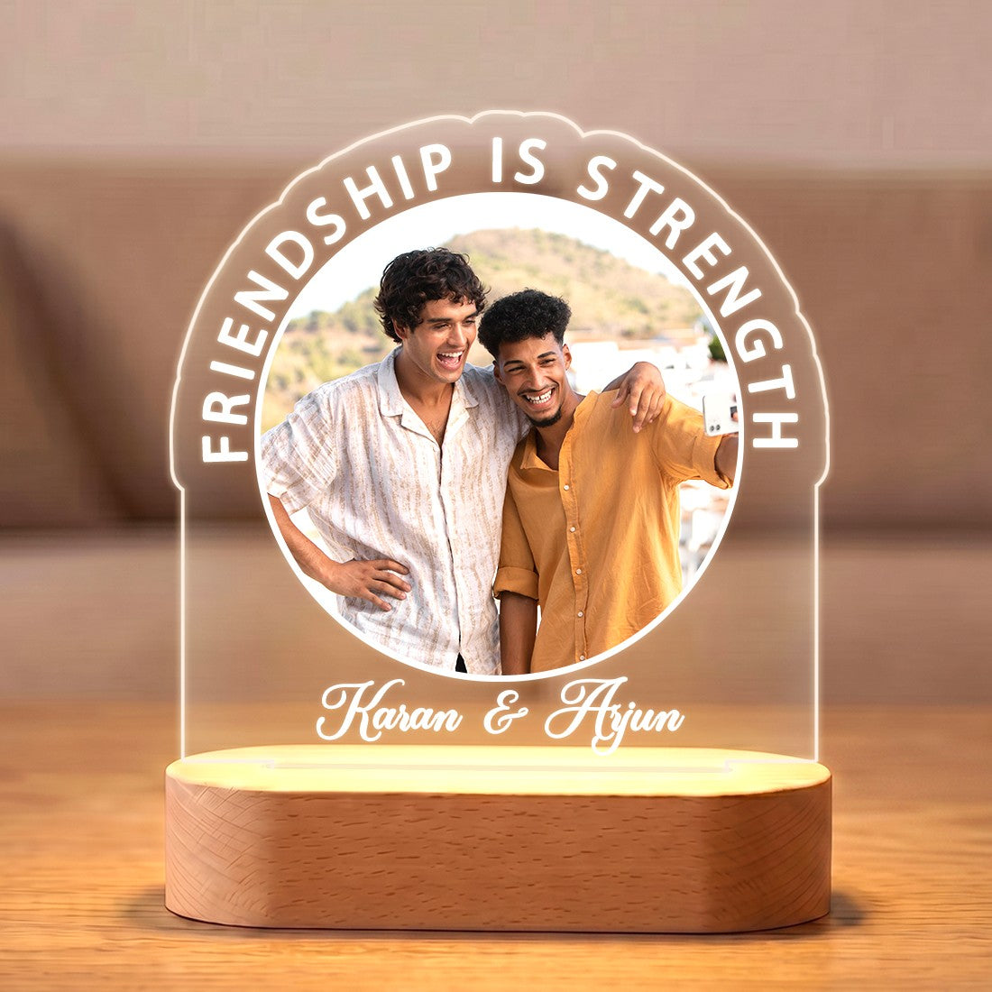 Friendship Is Strength acrylic LED lamp with bestie photo and custom names
