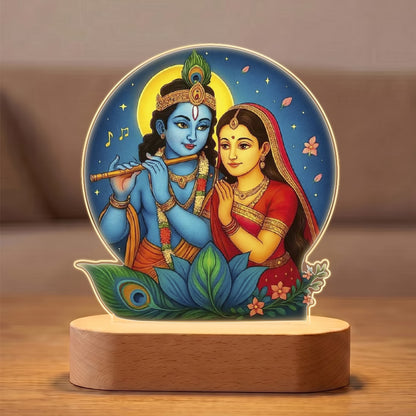 Radha Krishna acrylic LED lamp with rechargeable wireless wooden base and warm glow – spiritual gift by Fashionury