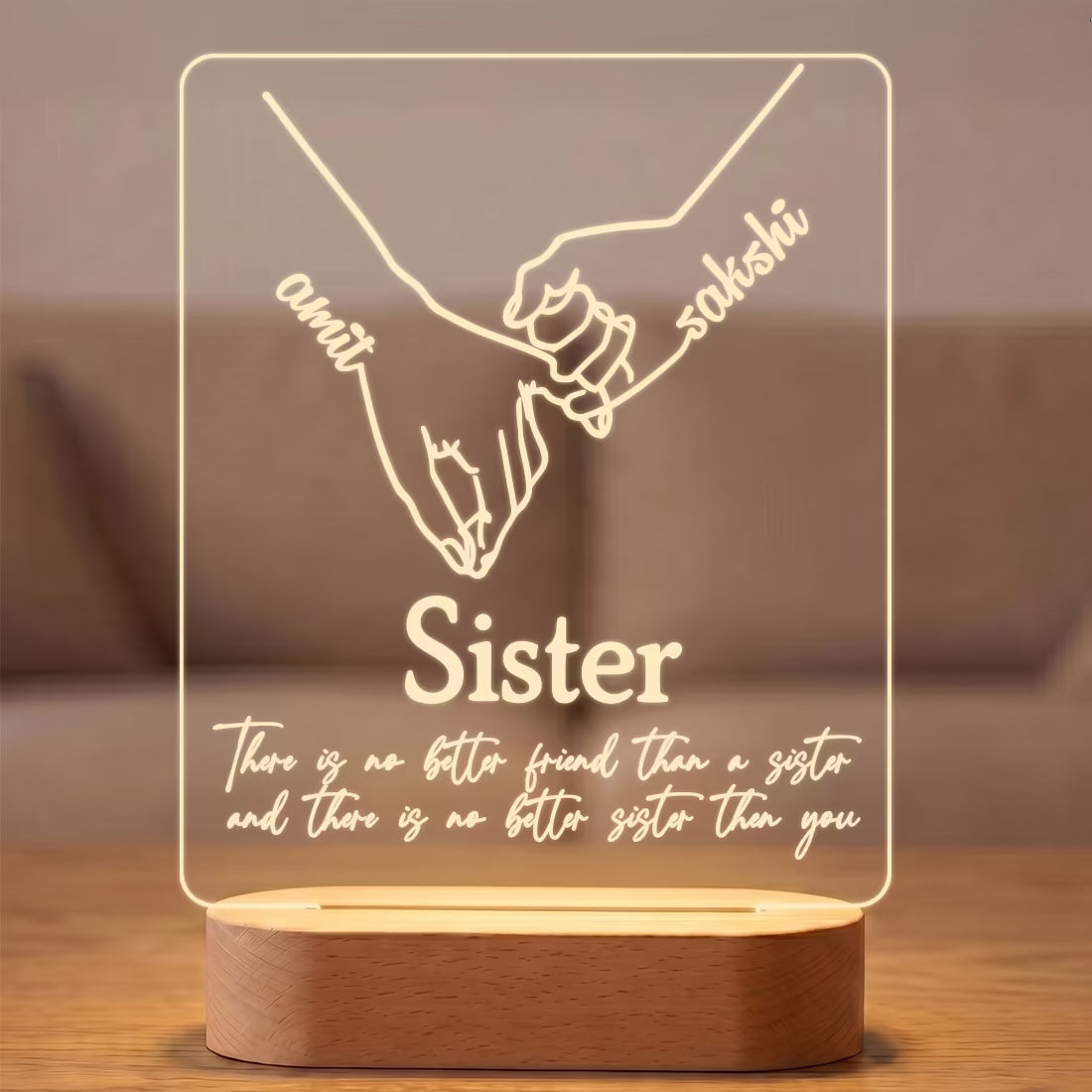 Custom acrylic LED photo frame with Amit and Sakshi names, pinky promise hands and sister quote for Rakhi gift