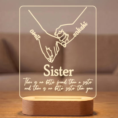 Custom acrylic LED photo frame with Amit and Sakshi names, pinky promise hands and sister quote for Rakhi gift