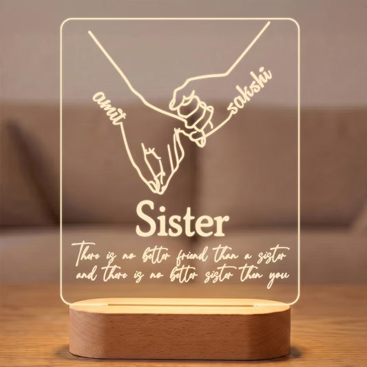 Custom acrylic LED photo frame with Amit and Sakshi names, pinky promise hands and sister quote for Rakhi gift