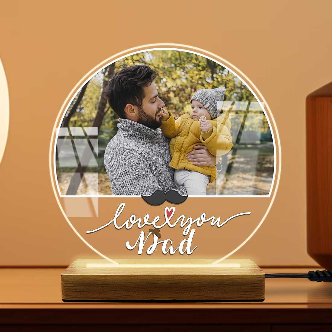 Personalised Love You Dad round acrylic LED photo lamp with father and child picture on wooden base for Father's Day gift
