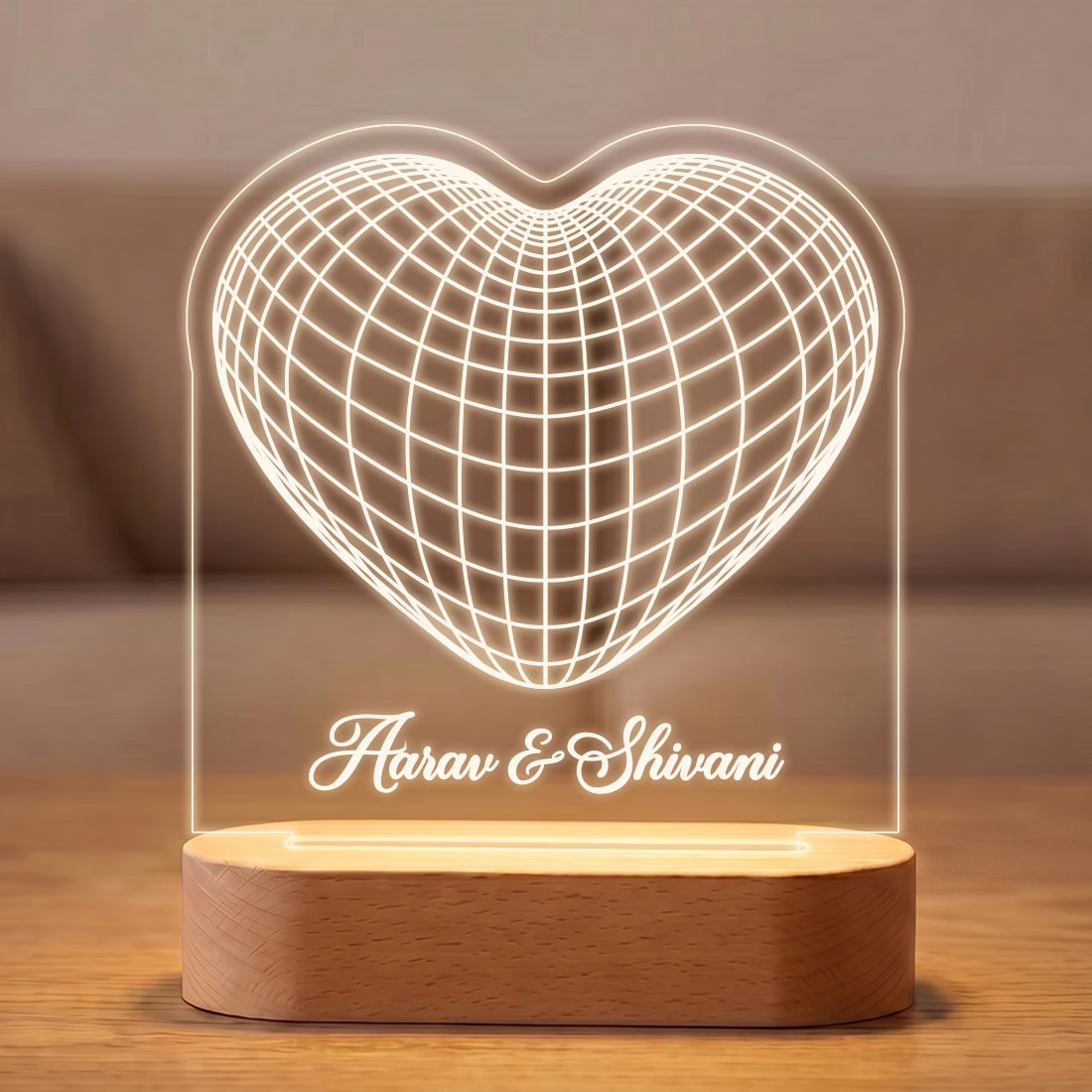 3D Heart laser engraved acrylic LED lamp with custom couple names on wooden base
