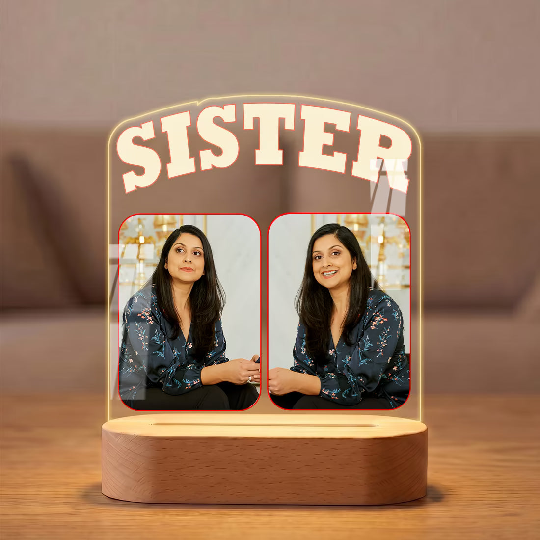 Sister custom 2-photo acrylic LED lamp with bold typography on wooden base