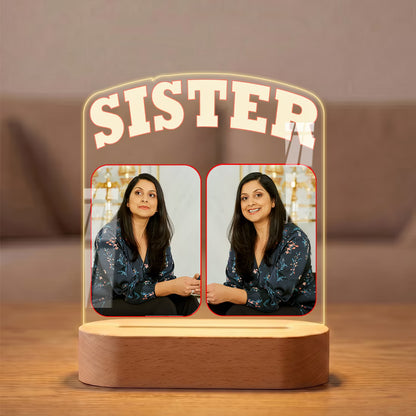 Sister custom 2-photo acrylic LED lamp with bold typography on wooden base
