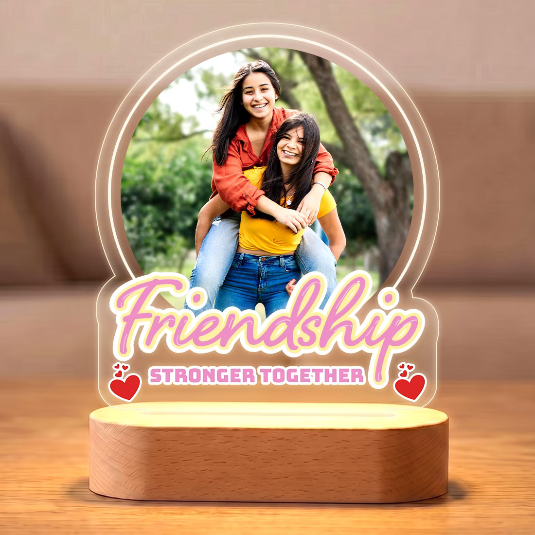 Friendship Stronger Together acrylic LED photo lamp with bestie duo portrait