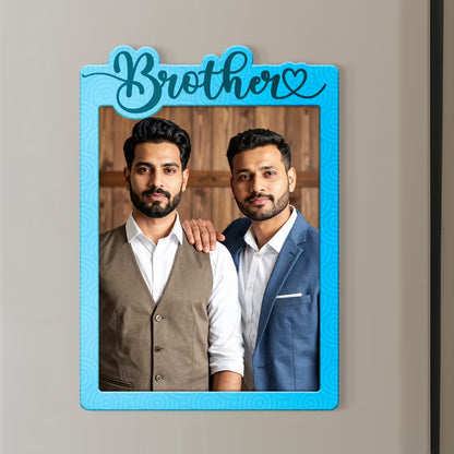 Brother custom photo wooden fridge magnet with laser-cut script and blue wave design