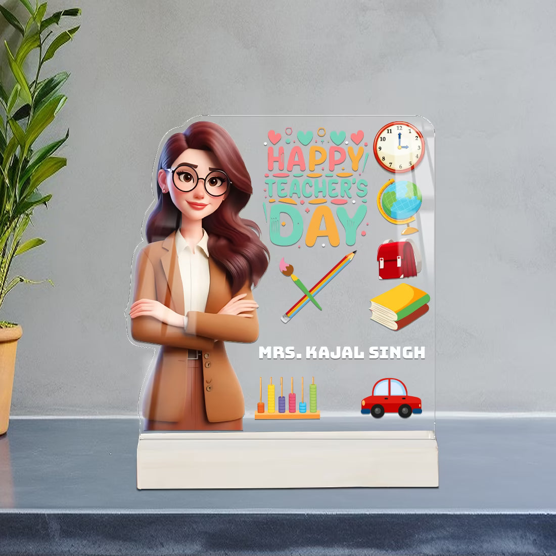 Personalized Teachers Day acrylic plaque for madam with custom name and female teacher cartoon design – Fashionury