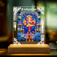Ganpati Bappa Acrylic Led Lamp - Wooden Stand D2