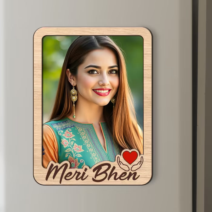 Meri Bhen custom photo wooden fridge magnet with script and red heart accent