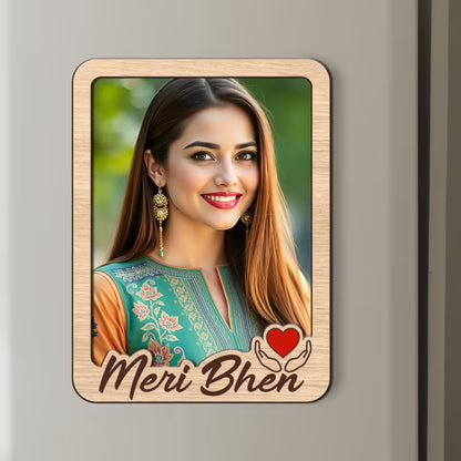Meri Bhen custom photo wooden fridge magnet with script and red heart accent