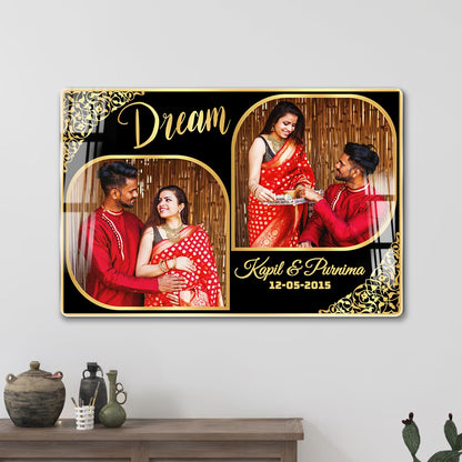 Dream couple acrylic wall frame with two photos, names, date and royal gold design

