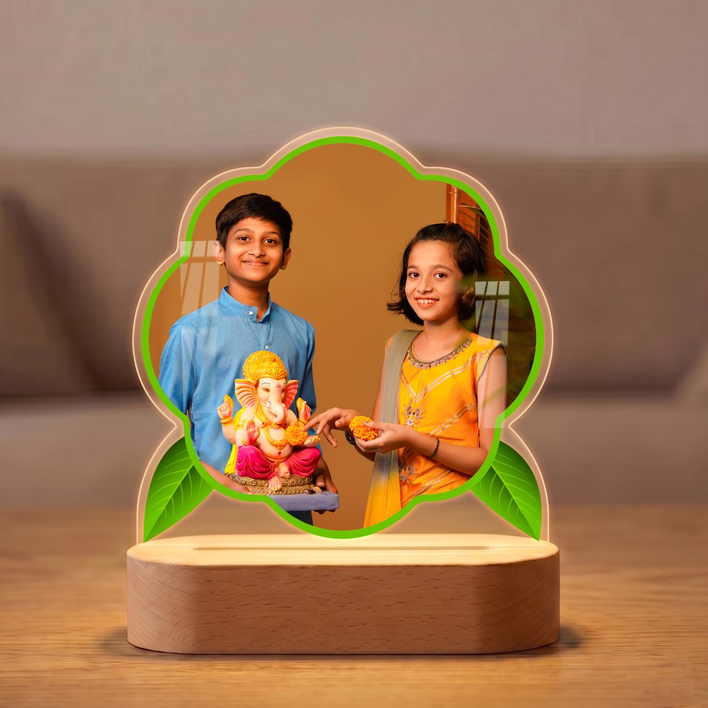 Raksha Bandhan custom photo acrylic LED lamp with floral cut and wooden base