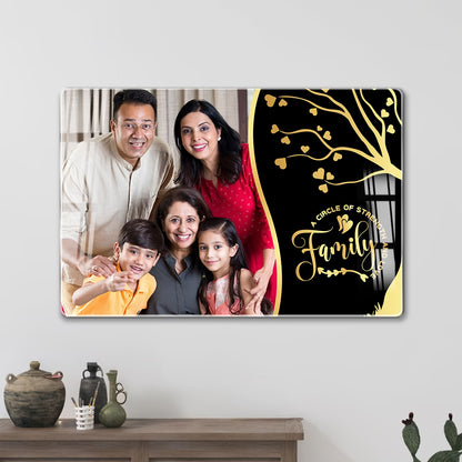 Family acrylic wall frame with landscape photo, heartfelt quote and gold tree design

