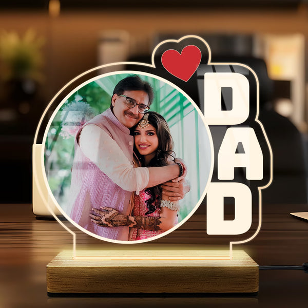 Personalised Love Dad round acrylic LED photo lamp with father and daughter portrait on wooden base for Father's Day gift
