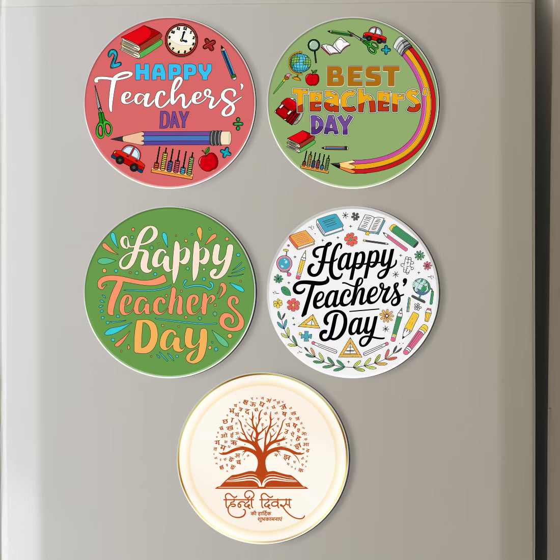 Teachers Day and Hindi Diwas MDF fridge magnet set of 5 round colorful designs – Fashionury