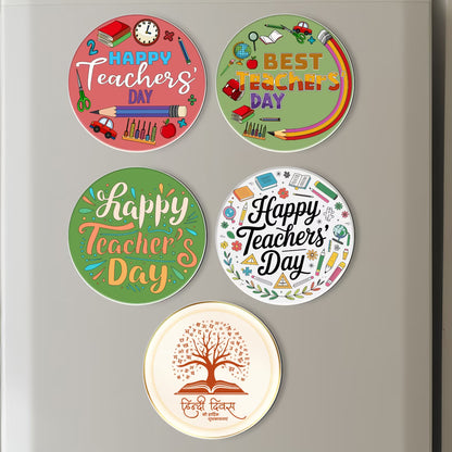 Teachers Day and Hindi Diwas MDF fridge magnet set of 5 round colorful designs – Fashionury