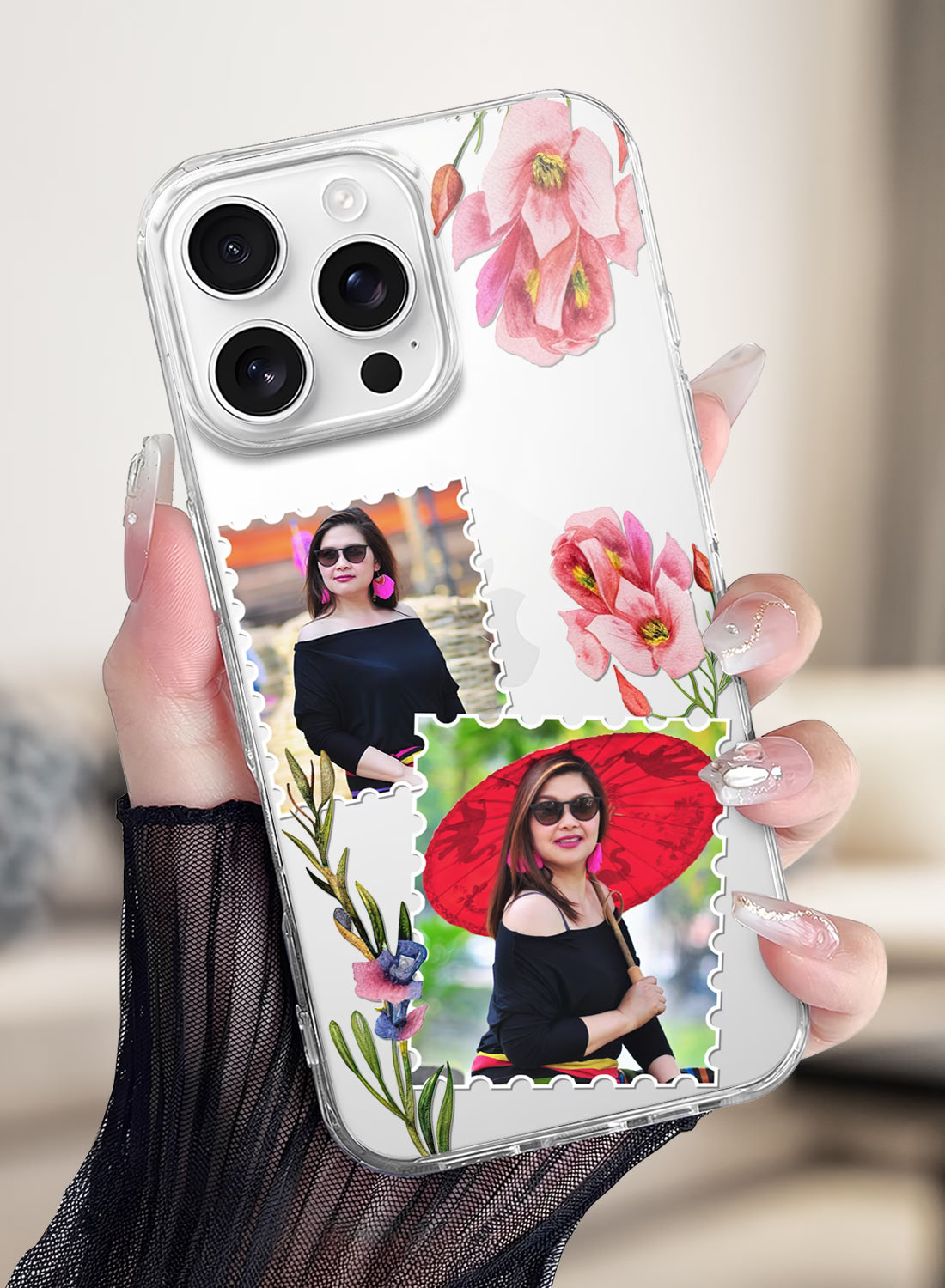 Pink Floral Stamp Dual Photo Custom Silicone Mobile Cover