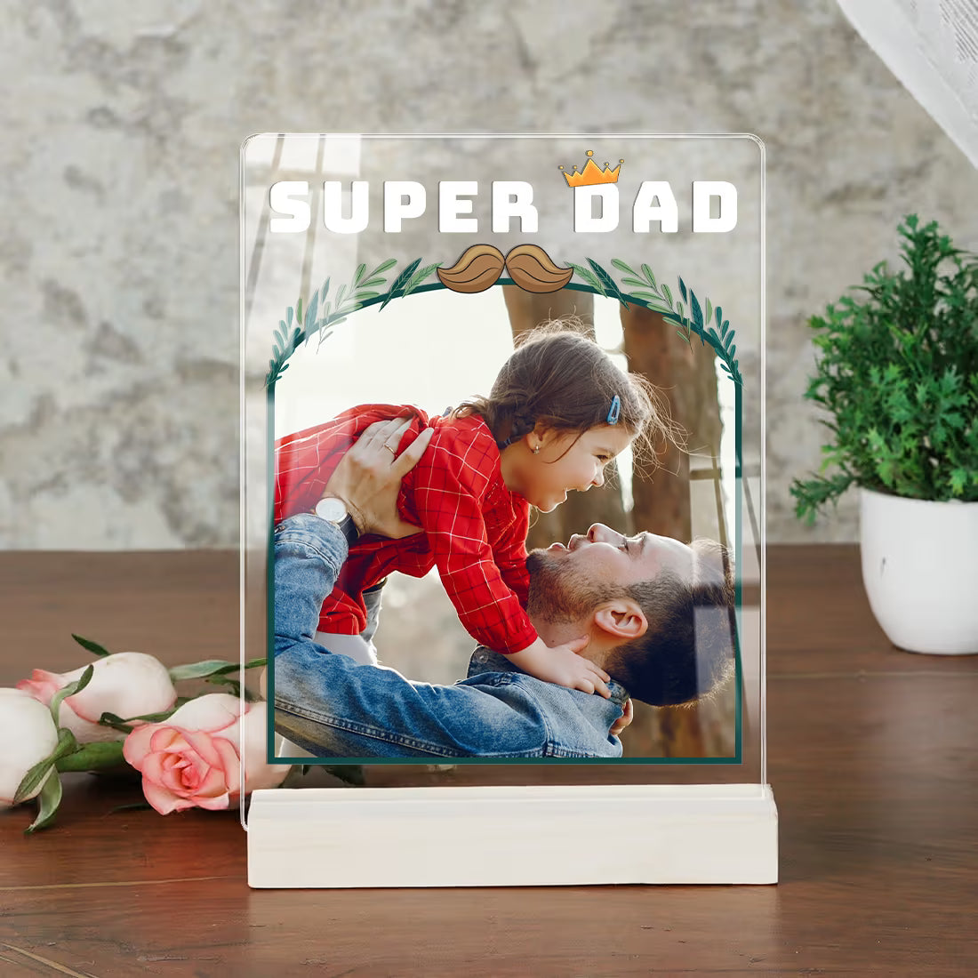 Personalised Super Dad acrylic photo plaque with father and daughter photo on wooden base for Father's Day gift
