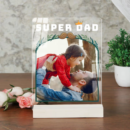 Personalised Super Dad acrylic photo plaque with father and daughter photo on wooden base for Father's Day gift

