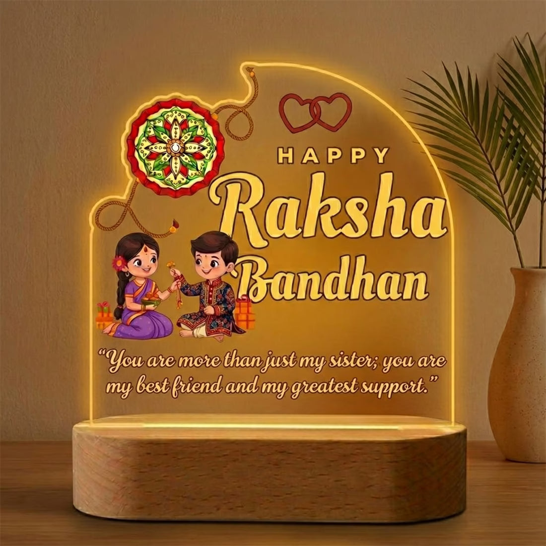 Happy Raksha Bandhan acrylic LED lamp with brother sister illustration and quote