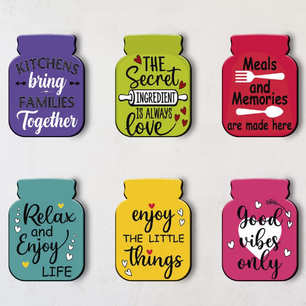 Kitchen Quotes jar MDF wooden fridge magnet set of 6 with colourful designs

